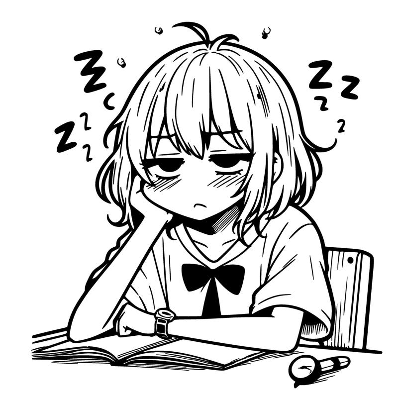 tired manga girl trying to stay awake in class