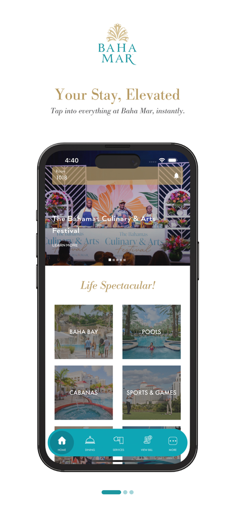 Experience Baha Mar - Home screen of the Experience Baha Mar app displaying resort activities and guest services