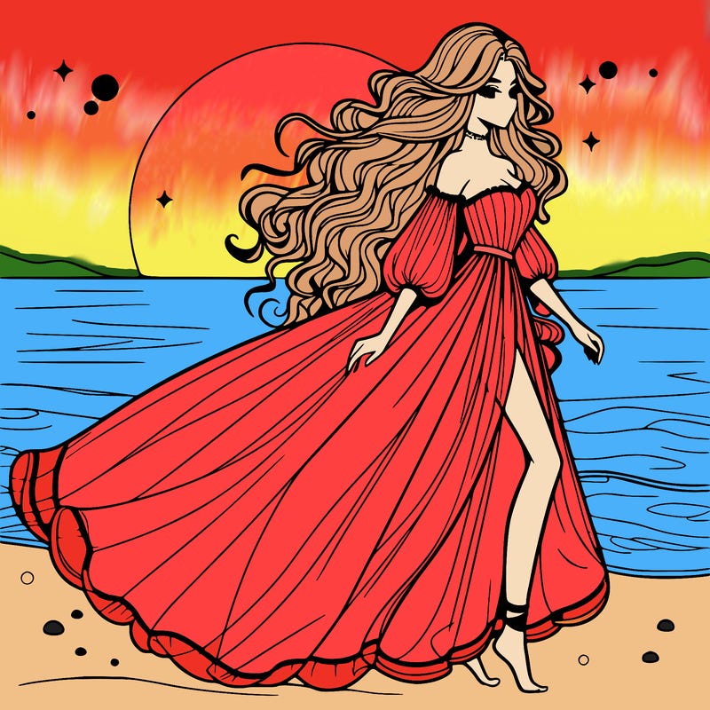 beautiful woman with a vaporous long dress walking on the beach at the noon, detailed art