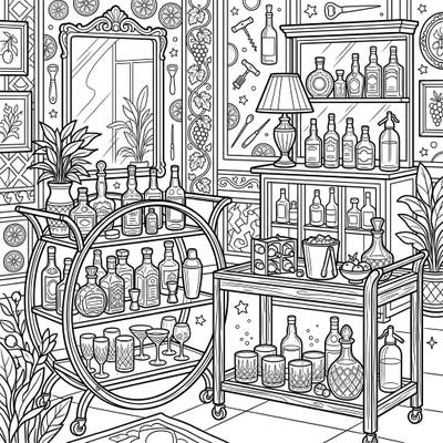 Dive into a world of sophisticated sips and stylish decor with this intricate coloring page featuring elegant bar carts and home bar setups. Perfect for enthusiasts of fine drinks and detailed designs, this template invites you to bring a vibrant party atmosphere to life with your favorite colors.