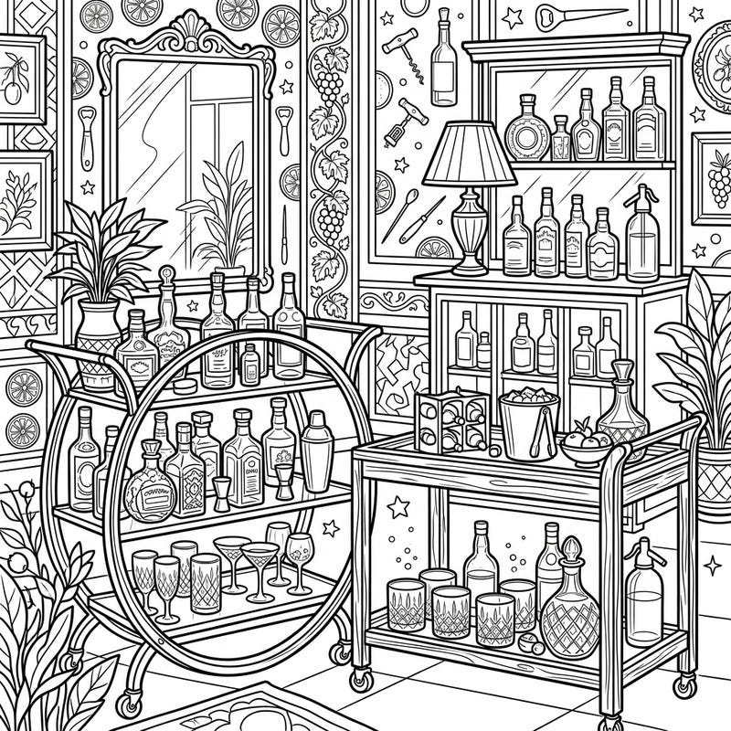 Dive into a world of sophisticated sips and stylish decor with this intricate coloring page featuring elegant bar carts and home bar setups. Perfect for enthusiasts of fine drinks and detailed designs, this template invites you to bring a vibrant party atmosphere to life with your favorite colors.