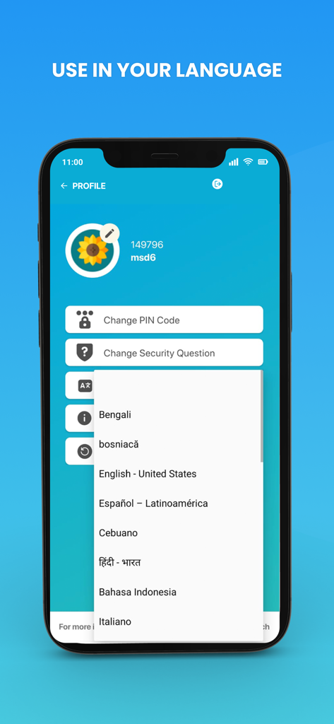WOVO - WOVO app profile screen showing a language selection menu with various options like English Spanish and Hindi