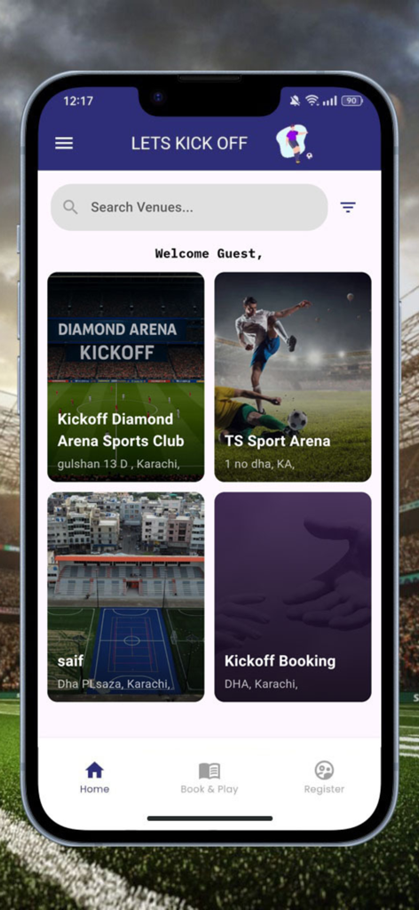 Kick-Off - Oberfläche des Kick Off App-Startbildschirms mit Optionen zur Buchung von Fußballplätzen