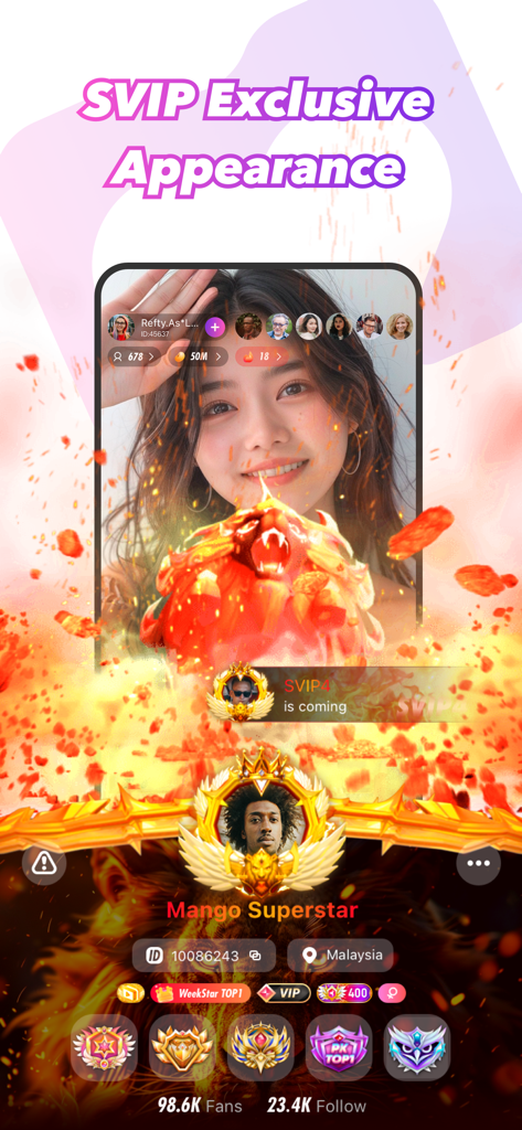 Mango Live-Live Stream - Tela do aplicativo Mango Live exibindo aparição exclusiva SVIP com animações de leão flamejante e medalhas de status de perfil