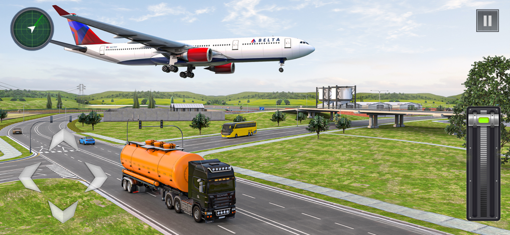 Plane Simulator: Airplane - A commercial airplane flying low over a highway with a tanker truck and green hills in a flight simulator game.