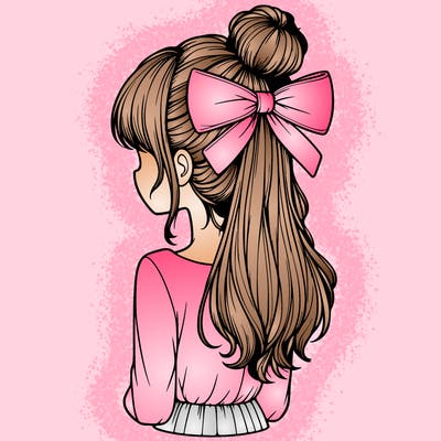 realistic girl  with hip length hair a bun and a big bow on the back of head