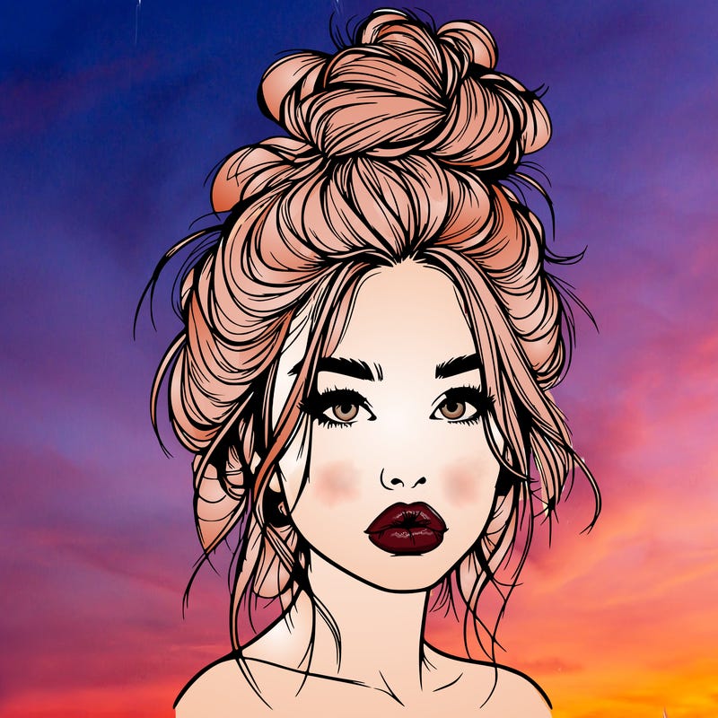realistic girl with a messy bun and she has lips