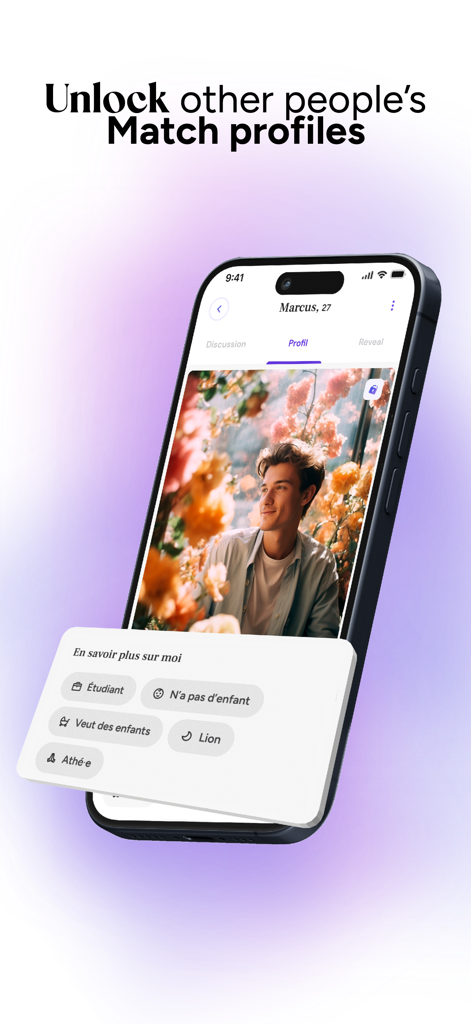 Reveeld - Dating LGBTQ+ - Smartphone mostrando la aplicación de citas LGBTQ+ Reveeld con un perfil de usuario y el titular 'Desbloquea los perfiles de otros'.