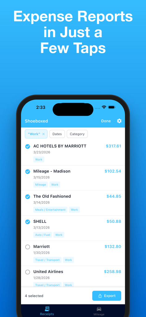 Shoeboxed: Receipt Scanner - Interface of the Shoeboxed app showing a list of business expenses selected to create an exportable report.