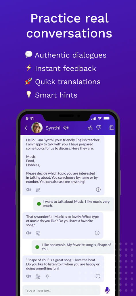 Synthi AI - A smartphone screen showing the Synthi AI app chat interface where a user practices English conversations with an AI tutor.