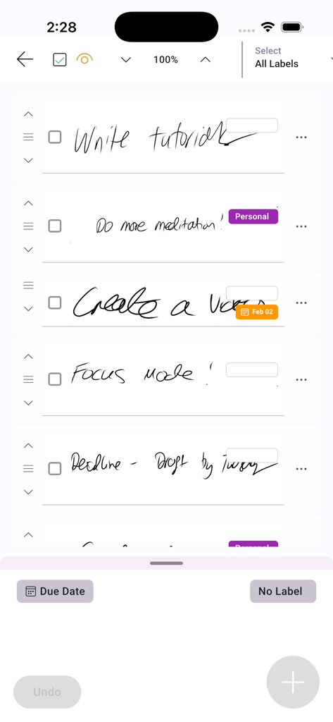 InkThink - Handwritten Planner - A handwritten to-do list in the InkThink app featuring interactive ink tasks with labels and due dates.