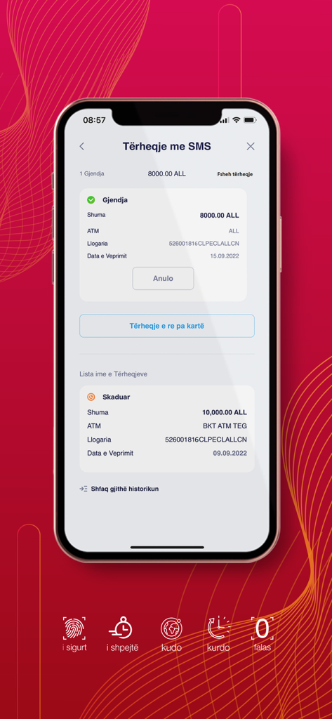Pantalla de la aplicación BKT Smart que muestra detalles para una transacción de retiro sin tarjeta basada en SMS en albanés