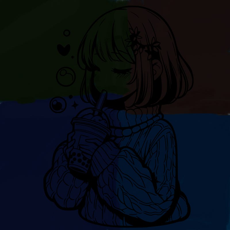 manga girl drinking boba in cozy sweater