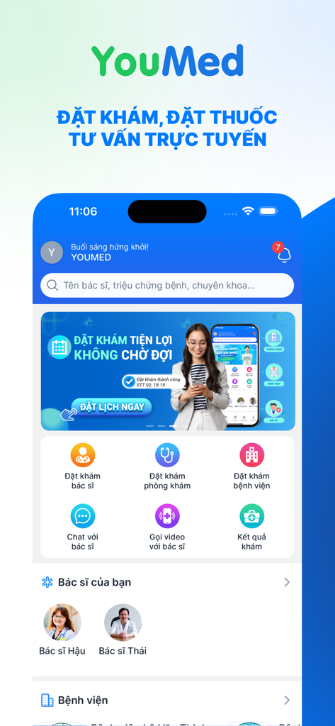 YouMed - Ứng dụng đặt khám - La schermata iniziale dell'app mobile YouMed che mostra le opzioni per prenotare appuntamenti medici e consulenze mediche online.