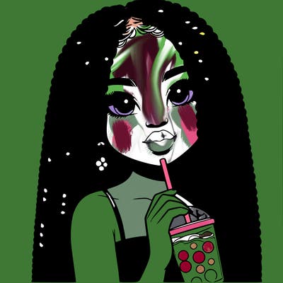 realistic girl holding a boba with braided hair