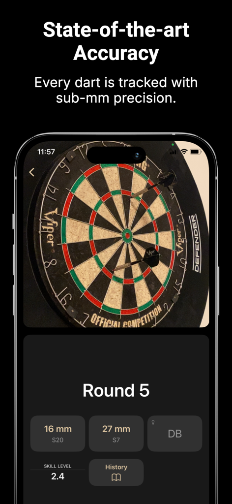 DeepDarts - Interfaz de la aplicación móvil DeepDarts demostrando un seguimiento de precisión de sub-mm de dardos en un tablero de dardos de punta de acero