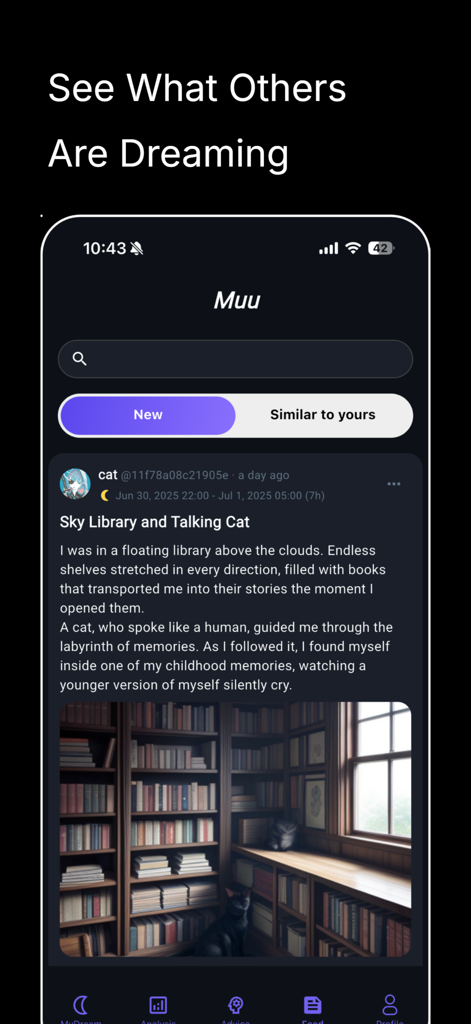 Dream Journal AI - muu - Screenshot of the Muu app social feed showing a shared dream about a sky library with an AI generated image of a cat in a library