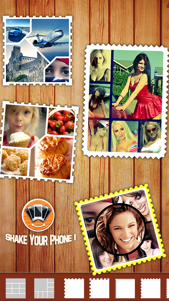 Interface of Photo Shake app showing stamp-bordered photo collages on a wooden background with a shake phone prompt