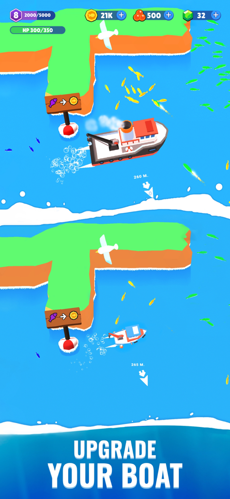 Idle Fish 2: Fishing Tycoon - Idle Fish 2 gameplay screenshot showing a boat upgrade comparison with a larger fishing vessel and school of fish.
