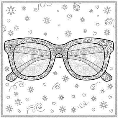 Explore a unique coloring experience with this detailed prescription glasses design. Adorned with intricate patterns on the frames and a whimsical background, it's perfect for relaxation and creative expression.