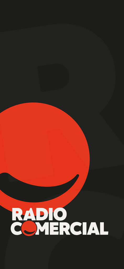 Radio Comercial - Radio Comercial App Startbildschirm mit dem roten Smiley-Logo und Markennamen