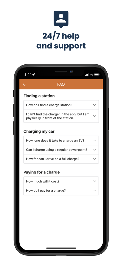 Chargefox: EV Charging Network - Una pantalla móvil que muestra la sección de preguntas frecuentes de Chargefox con ayuda y soporte 24/7 para la recarga de VE.