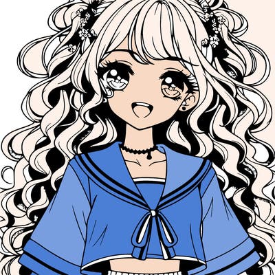 anime popular girl with long curly hair big eyelashes pretty eyes smiling with some blush wearing an anklet and wearing a school uniform cut top into a crop and short skirt and heels