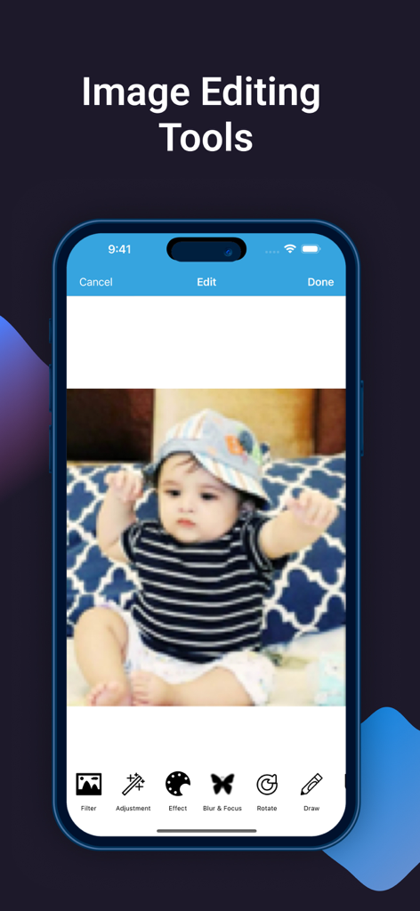 PDF圧縮アプリのスクリーンショット。フィルターや調整などの統合された画像編集ツールを強調表示。