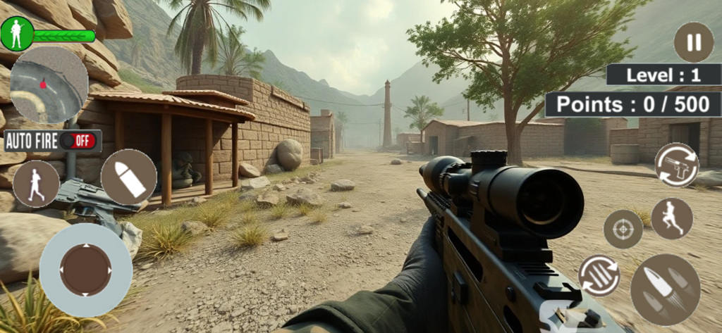 FPS Shooting Game: Battle Game - First person sniper view in a desert village during an FPS mission