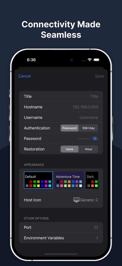 Terminux: SSH Client - SSH connection configuration screen in the Terminux app showing hostname and authentication settings.