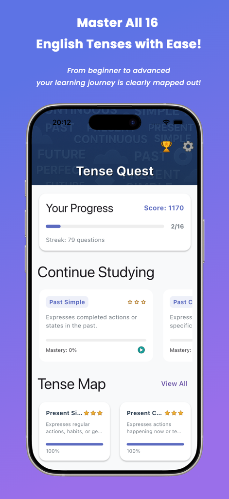Tense Quest: 16 English Tenses - Mobile screen showing the Tense Quest English grammar progress tracker