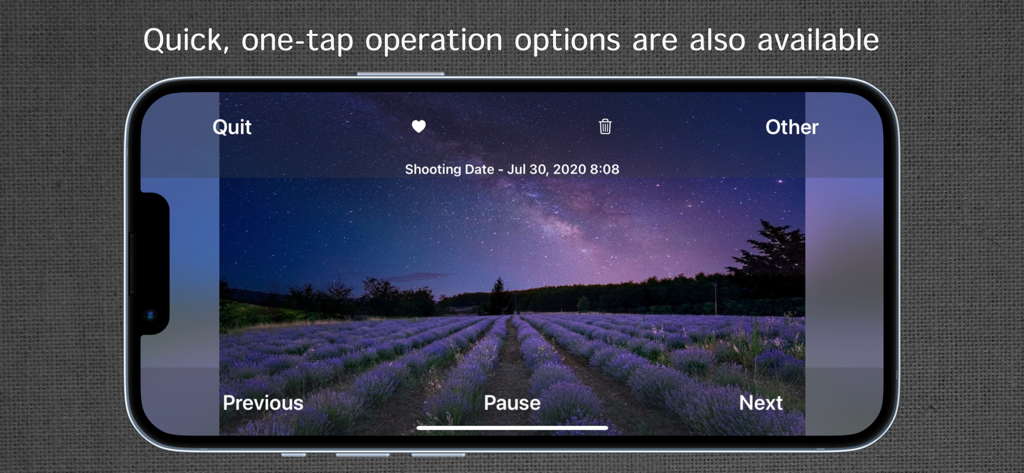 Shuffle Photos app interface showing one-tap options for managing a photo slideshow