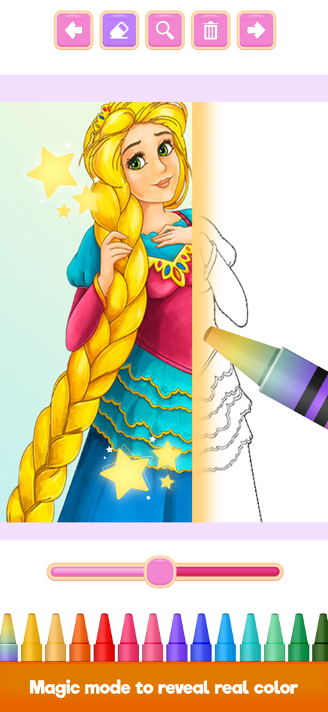 Magic Princess Coloring Book . - A screenshot showing the magic mode feature in the Magic Princess Coloring Book app where a crayon reveals colors on a fairytale princess.