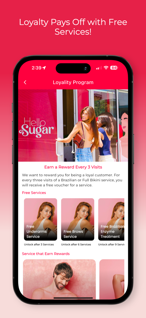 The Hello Sugar app loyalty program screen displaying free service rewards for regular visits.
