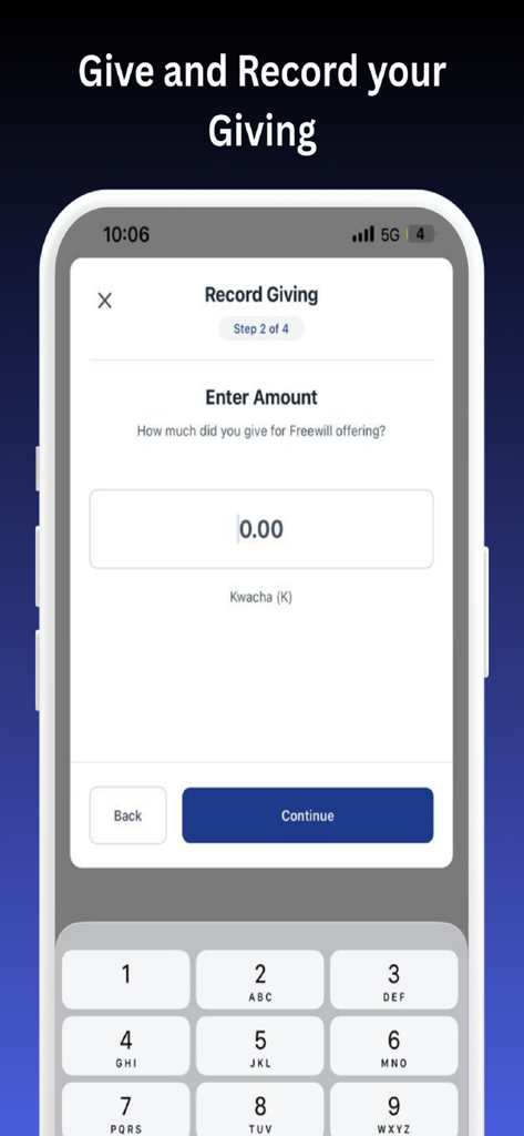 Envoys - Mobile screen of the Envoys app showing the Record Giving interface to enter an offering amount.