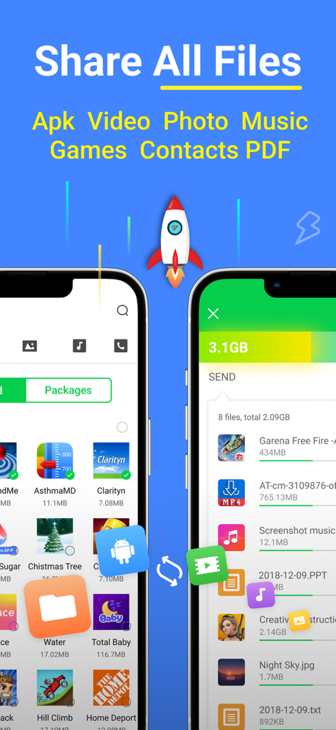 InShare - File Sharing - InShare app interface showing fast file transfer of video photo music and games between mobile devices