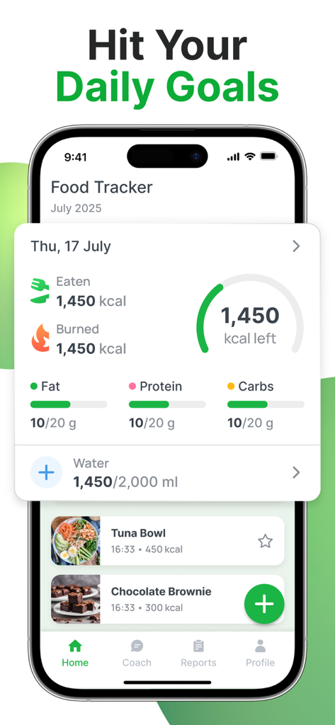 AI Nutrition Coach - Nutrizor - Interfaz de la aplicación Nutrizor que muestra el seguimiento diario de calorías y macros con un registro de comidas