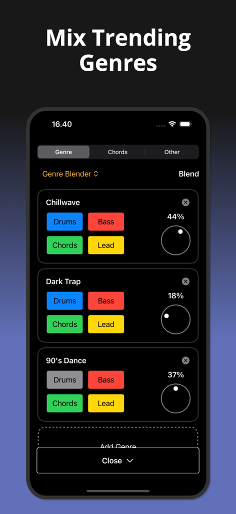 Songen: Instant MIDI Generator - The Genre Blender interface in the Songen app for mixing different music styles like Chillwave and Dark Trap