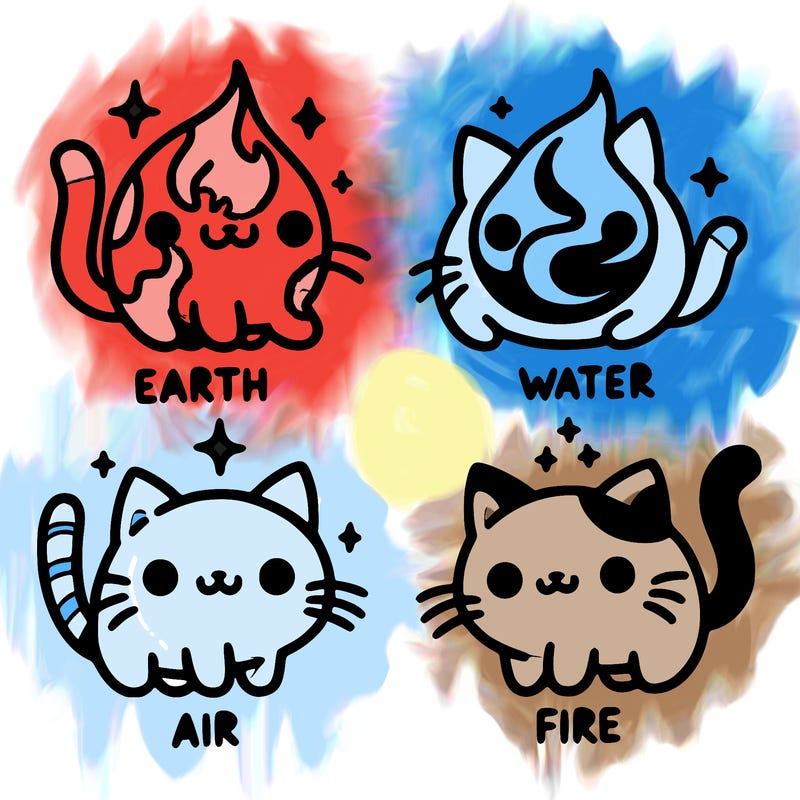 4 cats that represent the different elements, earth, water, air, and fire