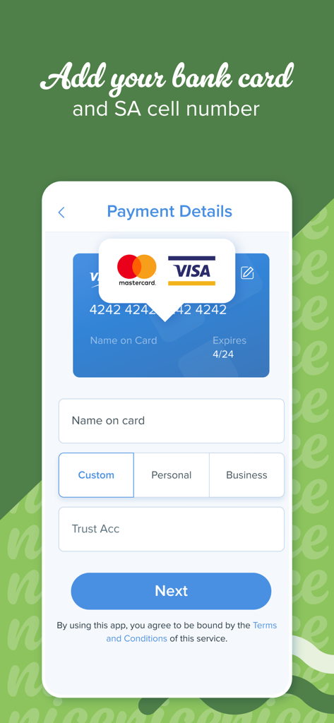 SnapScan mobile app interface showing the payment details screen to add a bank card and South African cell number.