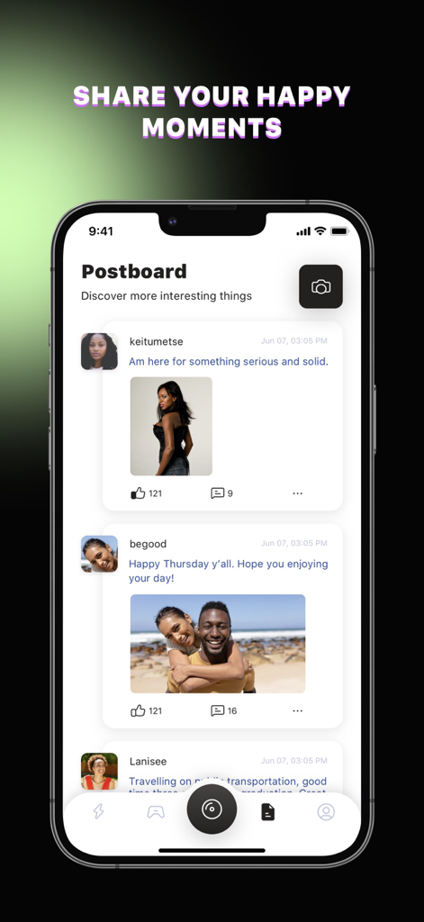 Ebony Meet: Black Dating, Chat - Ebony Meet app interface showing the Postboard feature where Black singles share photos and status updates in a social community feed.
