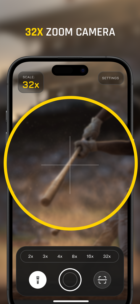 Benutzeroberfläche der Super Zoom Teleobjektiv-Kamera App mit 32-fachem Zoom auf einen Baseballspieler.