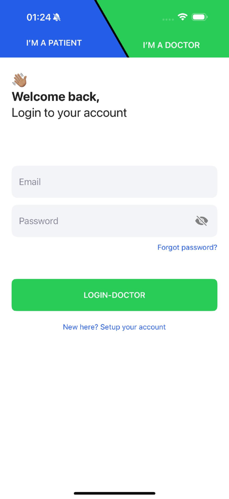 Tela de login do médico para o aplicativo Total HealthCare 360