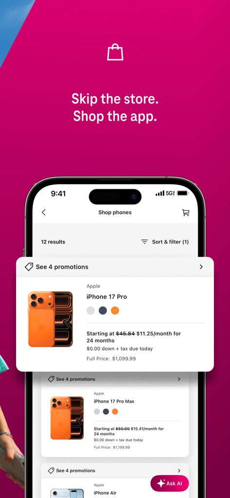 T-Life app interface displaying mobile phone shopping options and promotions