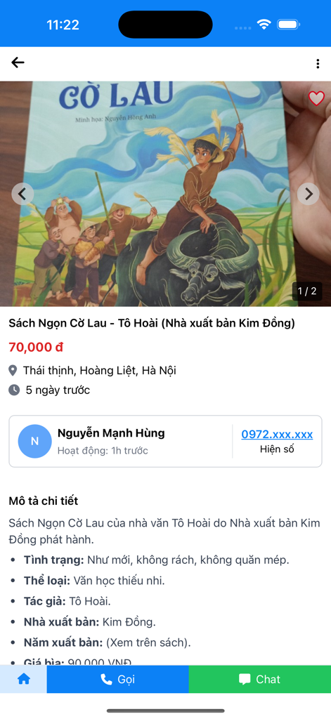 Panama - Mua bán đồ cũ - User interface of the Panama app displaying a detailed listing for a second hand book with price and seller information