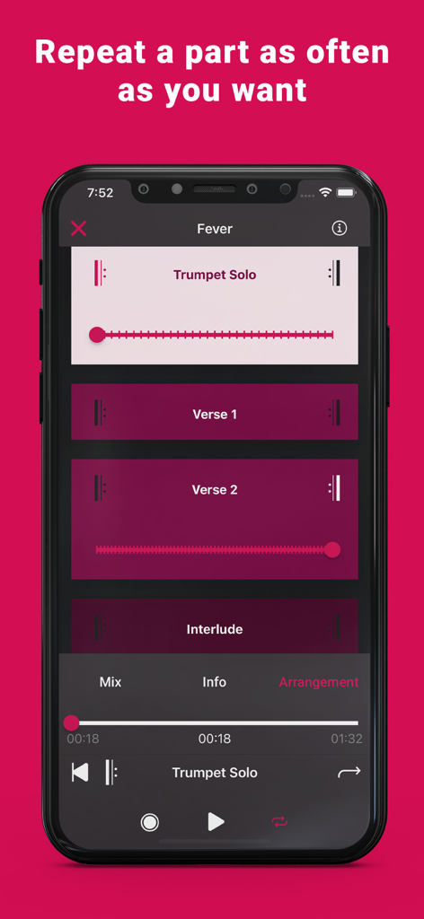 Ein Smartphone, das die band-on-App-Oberfläche zeigt, auf der Musiker bestimmte Songabschnitte wie Trompetensolo oder Strophe 1 für gezieltes Üben auswählen und wiederholen können.