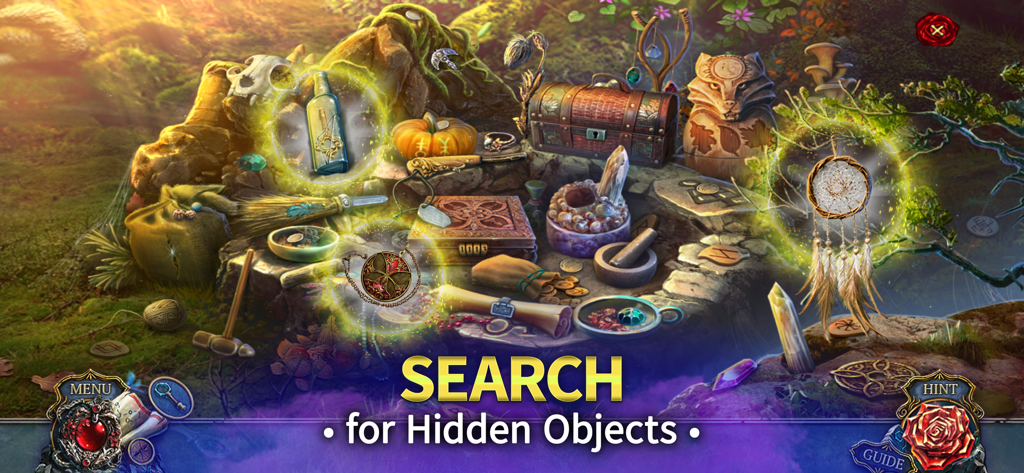 Living Legends: The Red Trace - Gameplay screen of Living Legends The Red Trace showing a hidden object puzzle scene with mystical items