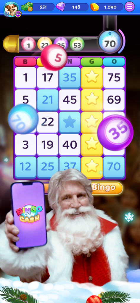 Interface de jeu Bingo Cash sur le thème des fêtes avec le Père Noël tenant un téléphone