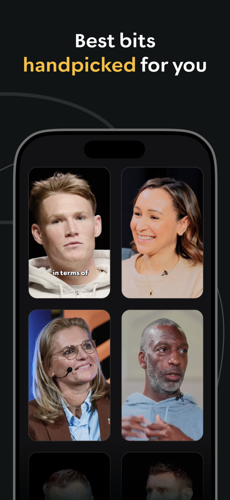 High Performance App - Mobile screen showing a curated grid of video lessons from elite athletes and business leaders