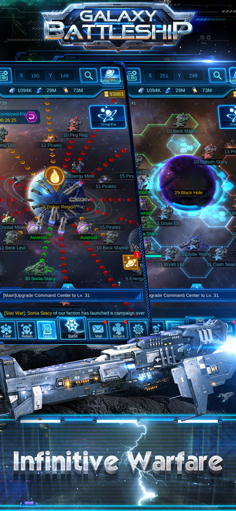 Galaxy Battleship sci-fi strategy game interface showing fleet warfare and space maps
